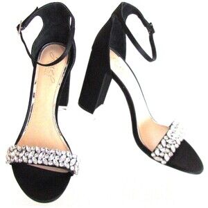 DESIGNER JEWEL BRADGLEY MISCHKA BLACK SATIN JEWEL OPEN TOE ANKLE STRAP 8.5 M